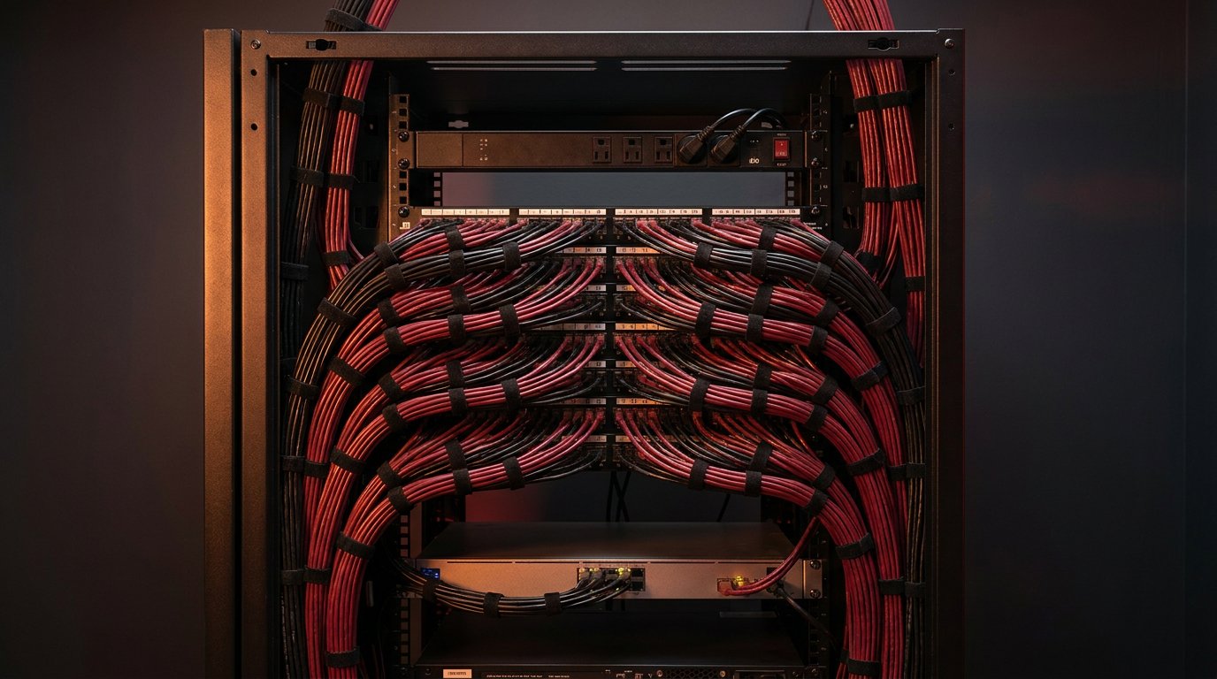 Rear of a server rack with perfectly laced, symmetrically dressed network cabling